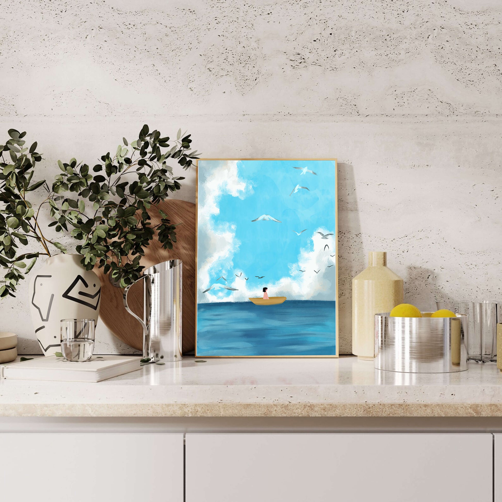 Peaceful seascape illustration with a boat and birds