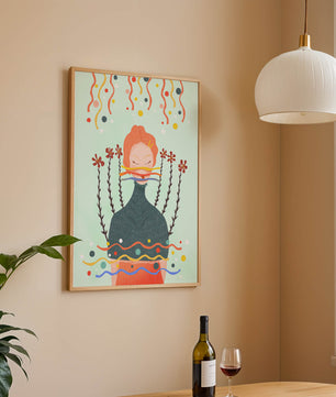 Whimsical Abstract Art of a Woman with Flowers and Streamers - Mi tienda