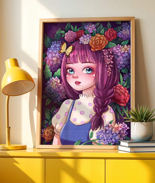 Illustration of a girl with floral crown surrounded by vibrant flowers