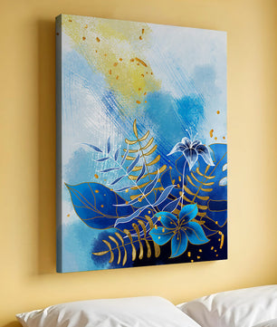 Floral illustration with blue leaves and golden accents on abstract background