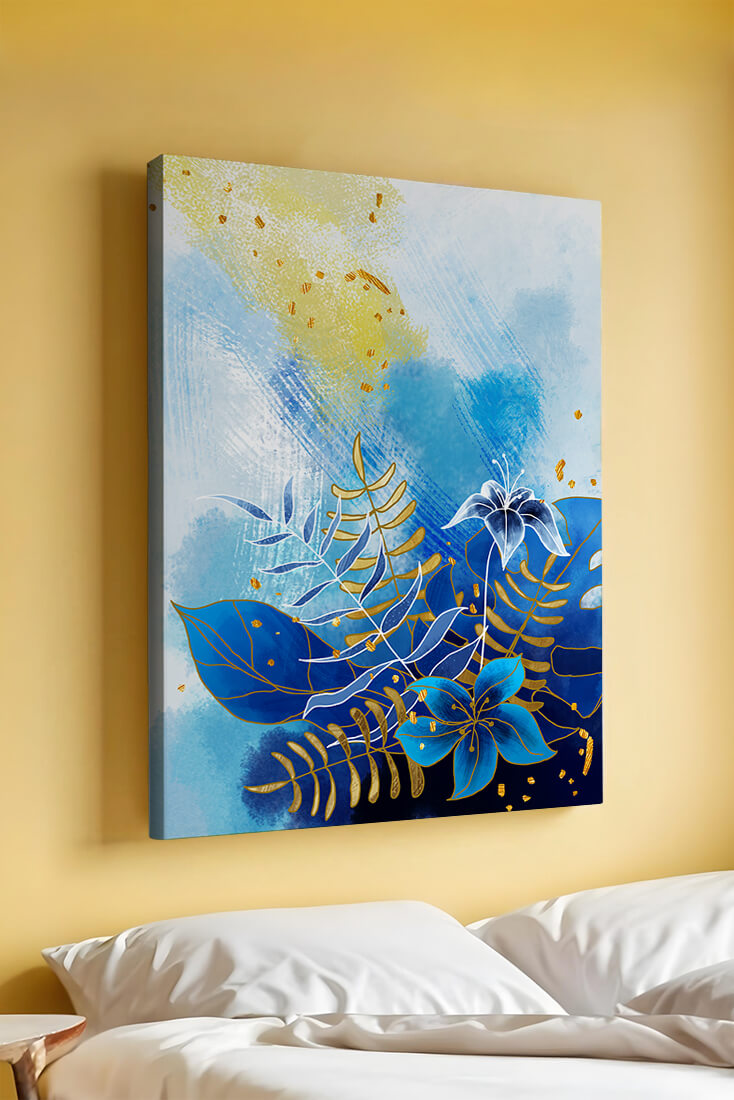 Floral illustration with blue leaves and golden accents on abstract background