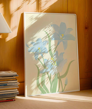 Ilustración elegante de flores azul claro con tallos verdes