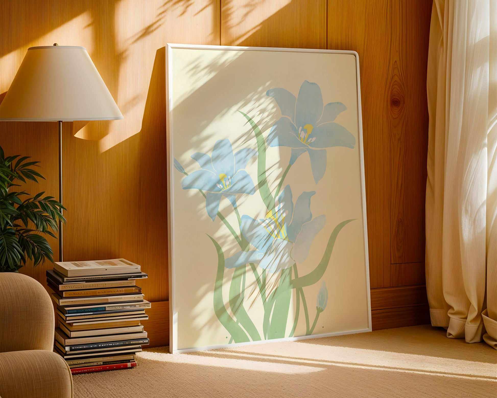 Ilustración elegante de flores azul claro con tallos verdes