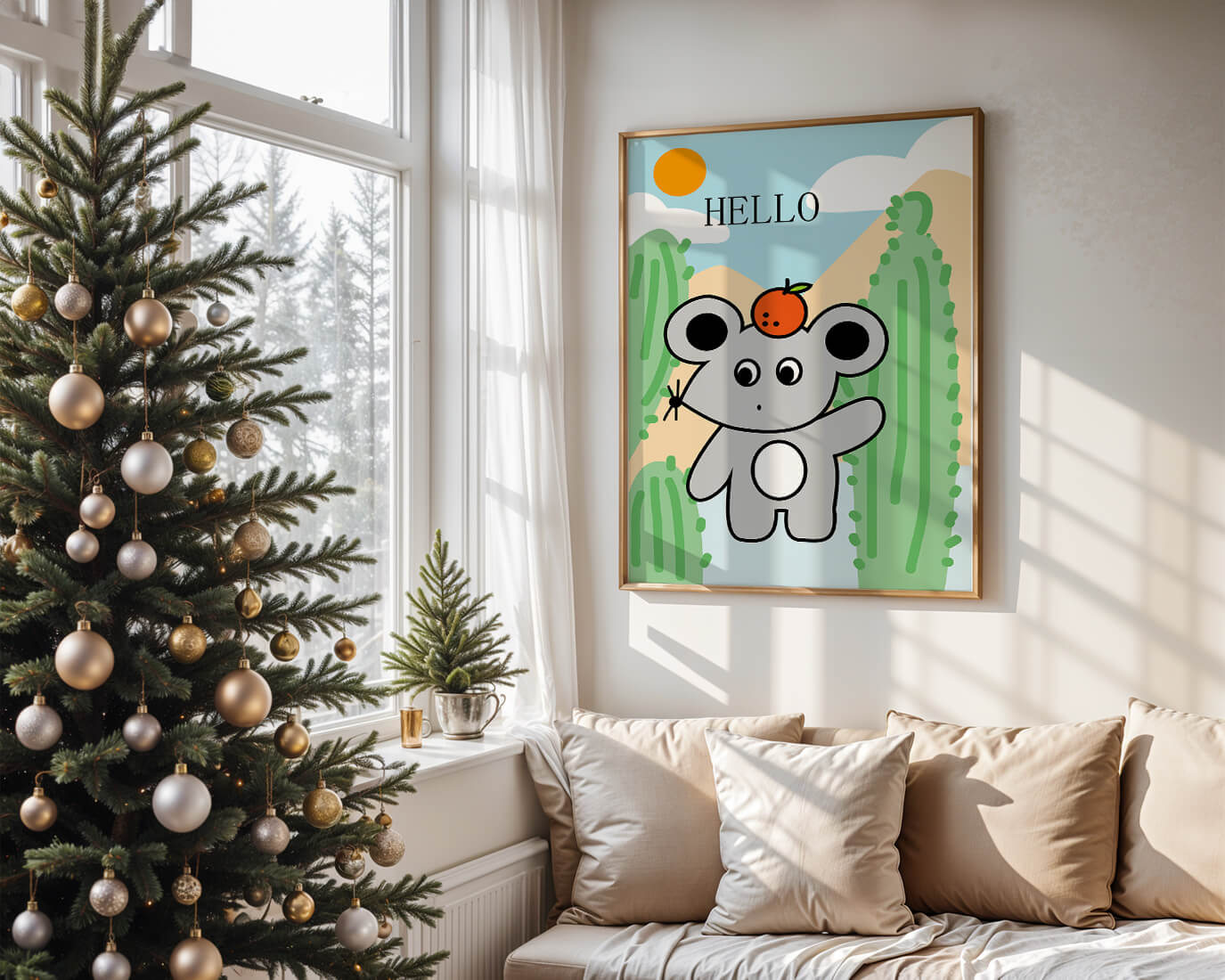 Cute illustration of a mouse with an orange on a sunny background