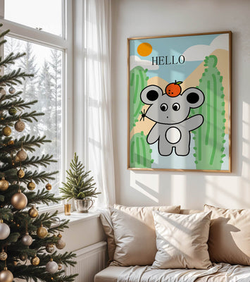 Cute illustration of a mouse with an orange on a sunny background