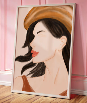 Stylized portrait of a woman in a hat with flowing hair