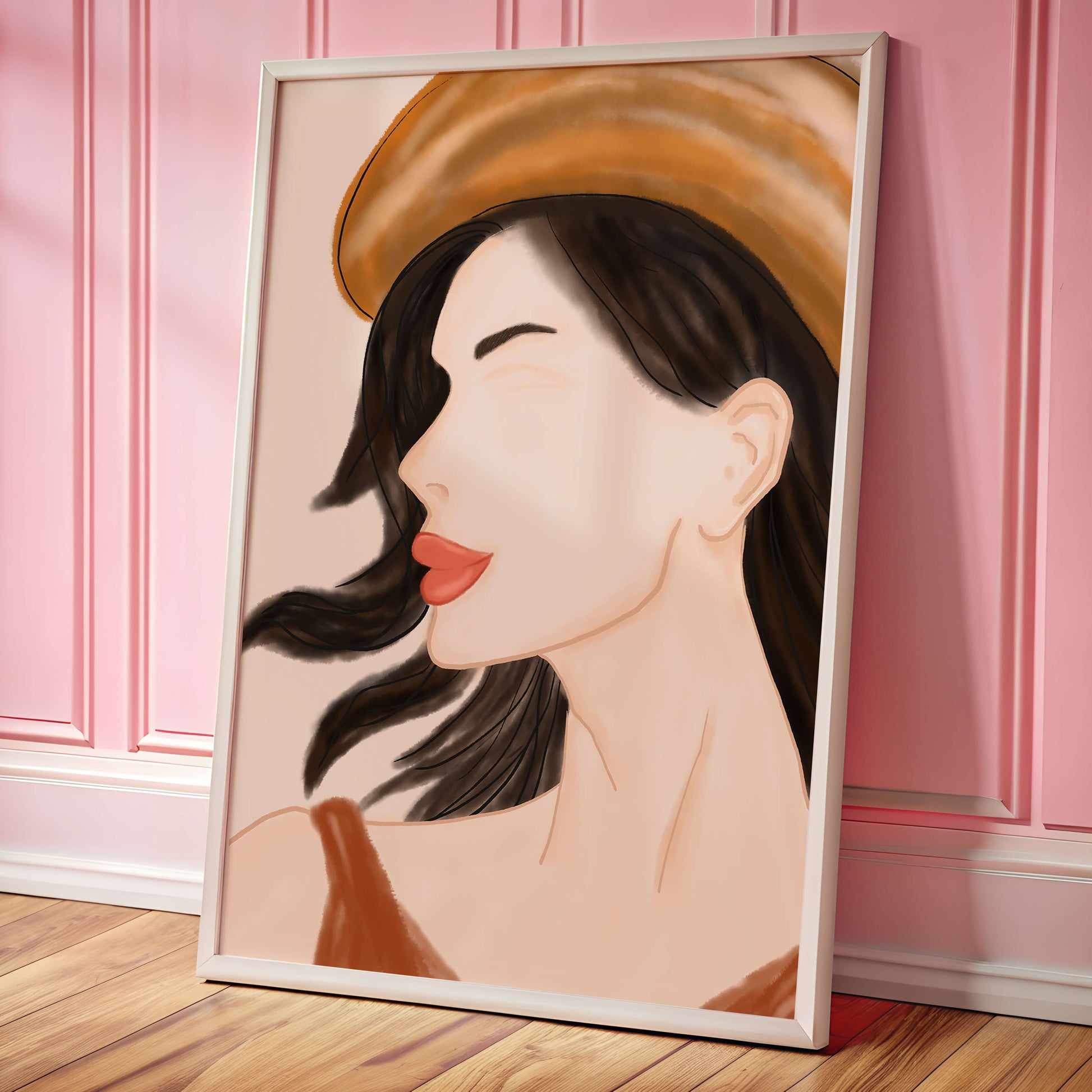 Stylized portrait of a woman in a hat with flowing hair