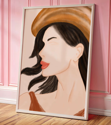 Stylized portrait of a woman in a hat with flowing hair