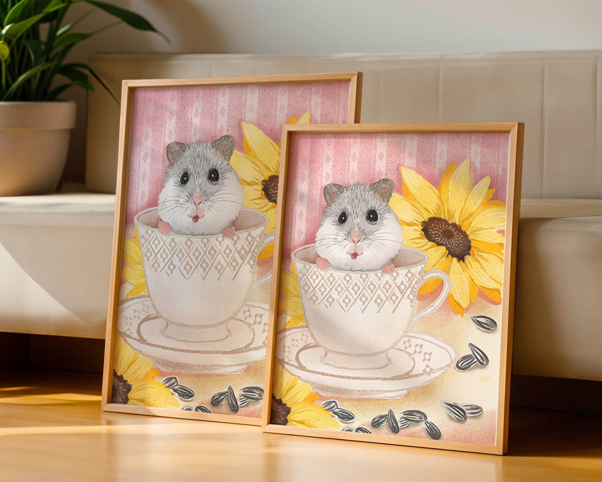 Adorable hamster in teacup with sunflowers and seeds