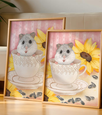 Adorable hamster in teacup with sunflowers and seeds