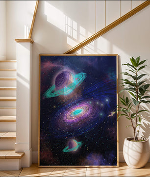 Colorful space illustration with planets and galaxy