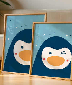Pingüino animado juguetón sobre un fondo azul caprichoso