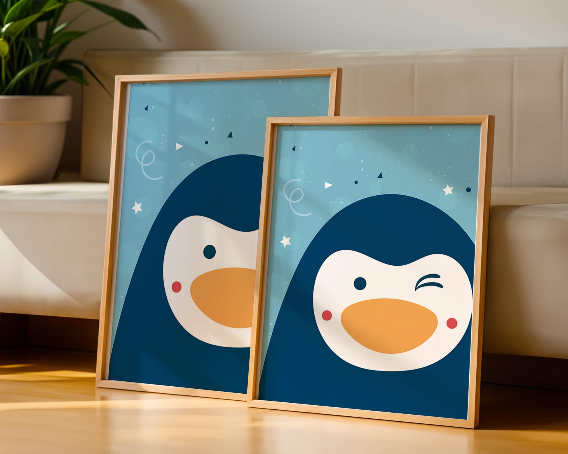 Pingüino de dibujos animados juguetón sobre un fondo azul caprichoso