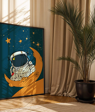 Charming Astronaut Sitting on a Crescent Moon with Stars in Space - Mi tienda