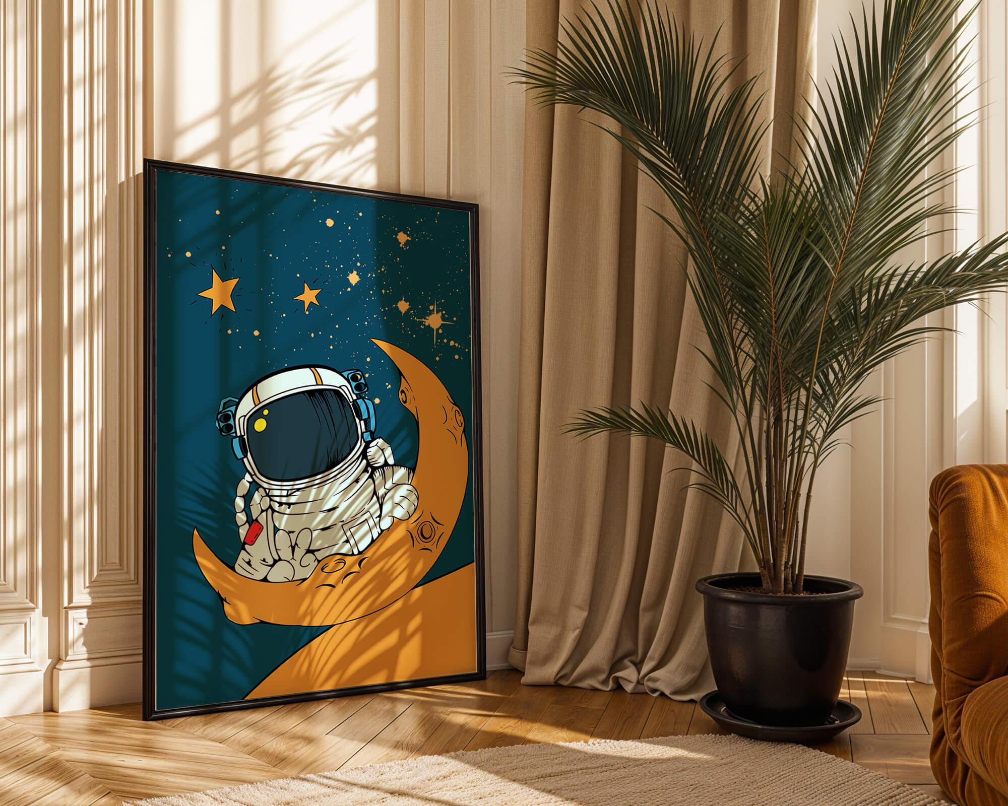 Charming Astronaut Sitting on a Crescent Moon with Stars in Space - Mi tienda