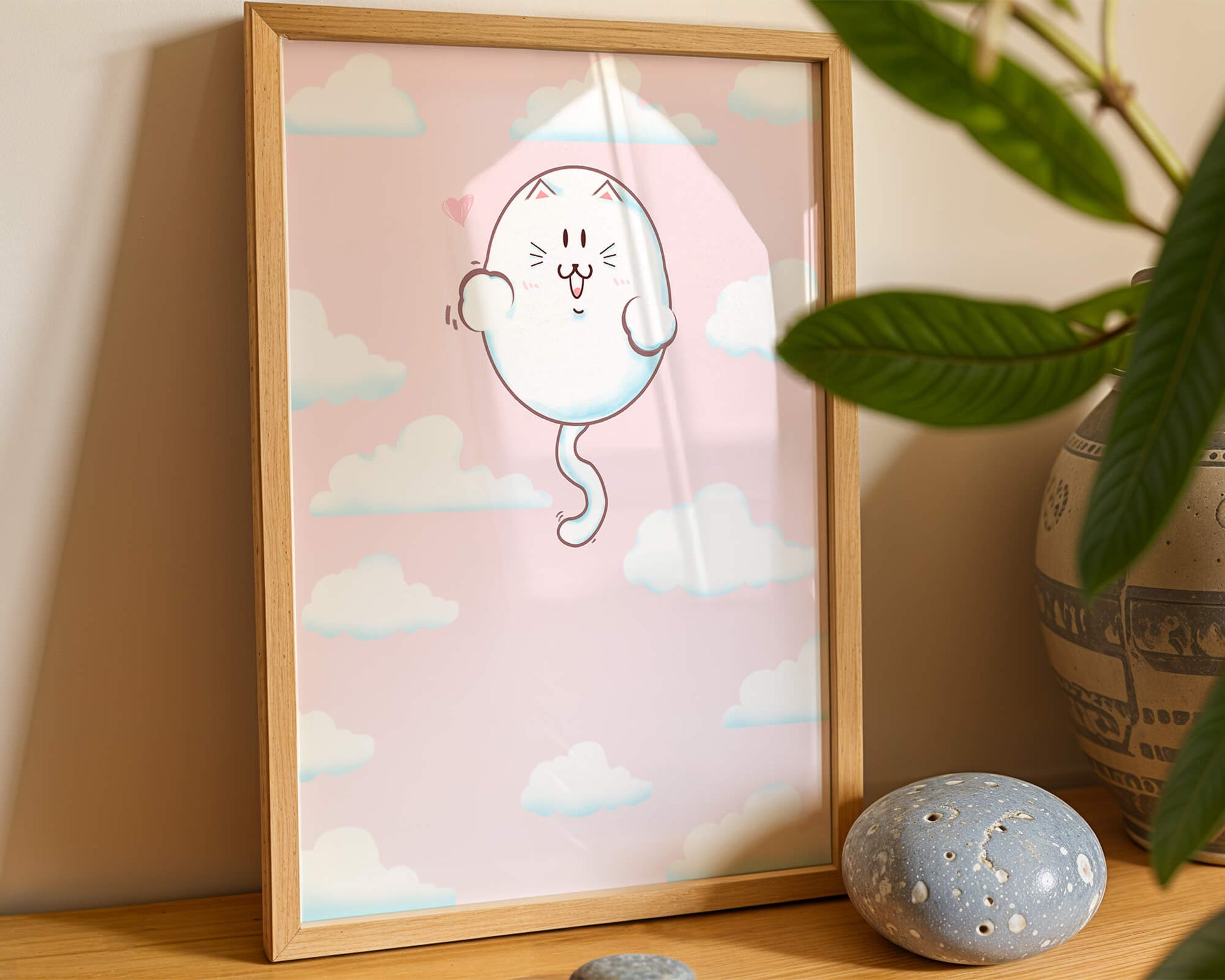 Gato flotante caprichoso en un cielo pastel con nubes esponjosas