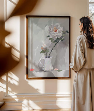Elegantes peonías blancas en una jarra de cerámica con fondo pastel suave