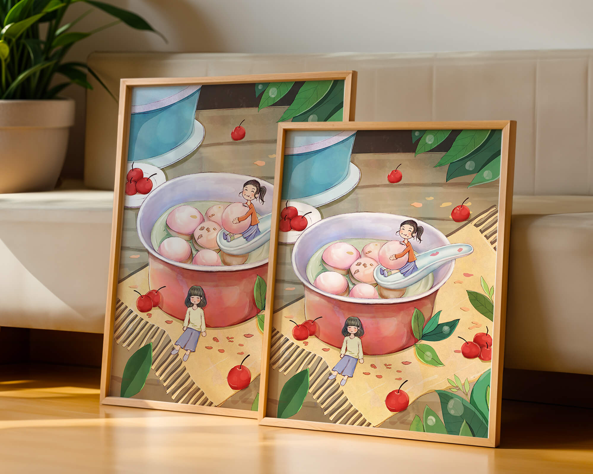 Charming illustration of children with dessert in a whimsical setting