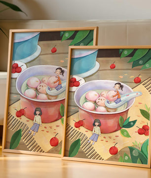 Charming illustration of children with dessert in a whimsical setting