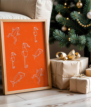 Geometrische Tiermuster auf leuchtend orangefarbenem Hintergrund