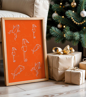 Geometric animal patterns on vibrant orange background