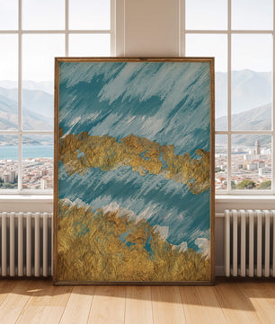 Pintura abstracta con textura dorada y fondo azul
