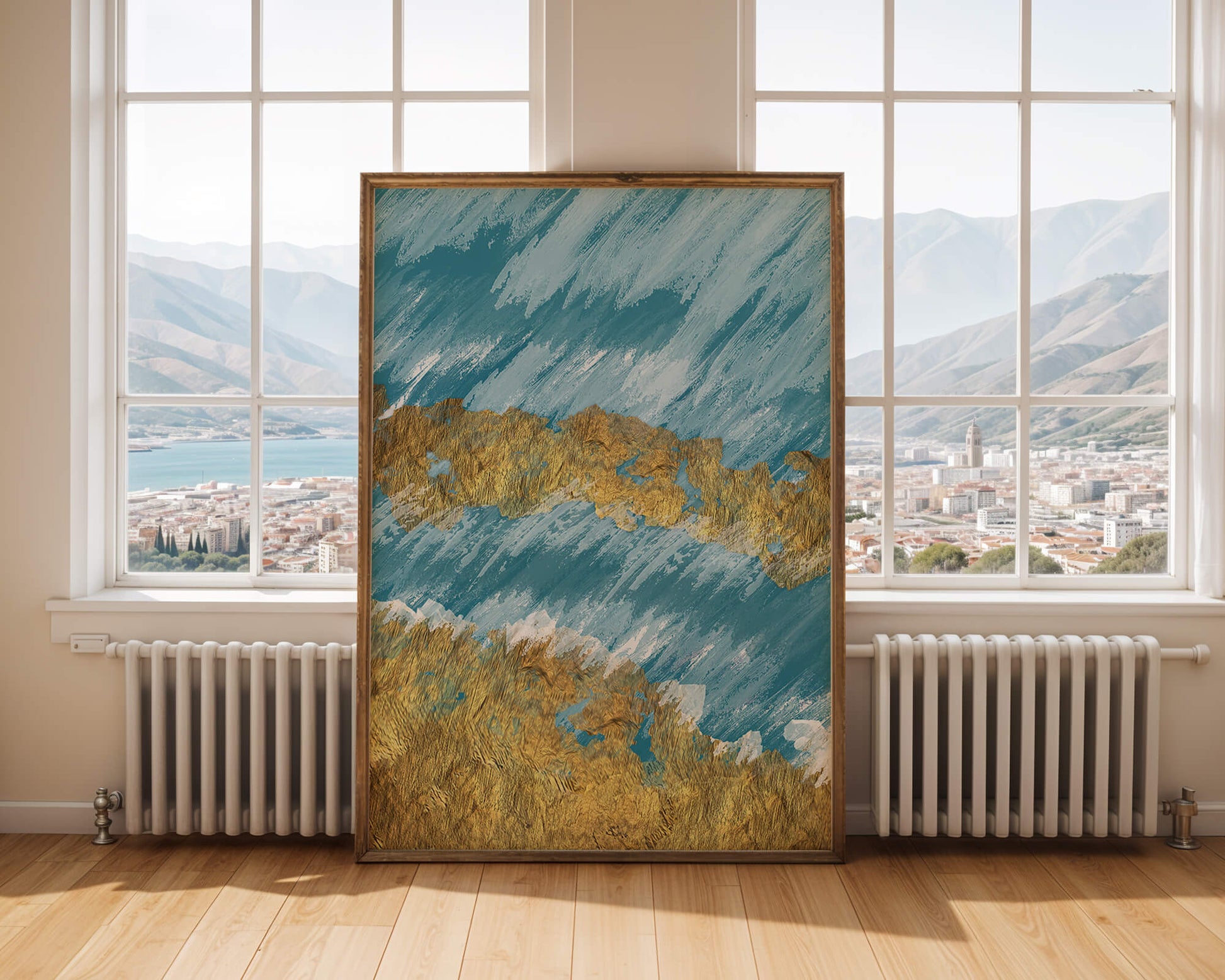 Abstract painting with gold texture and blue background