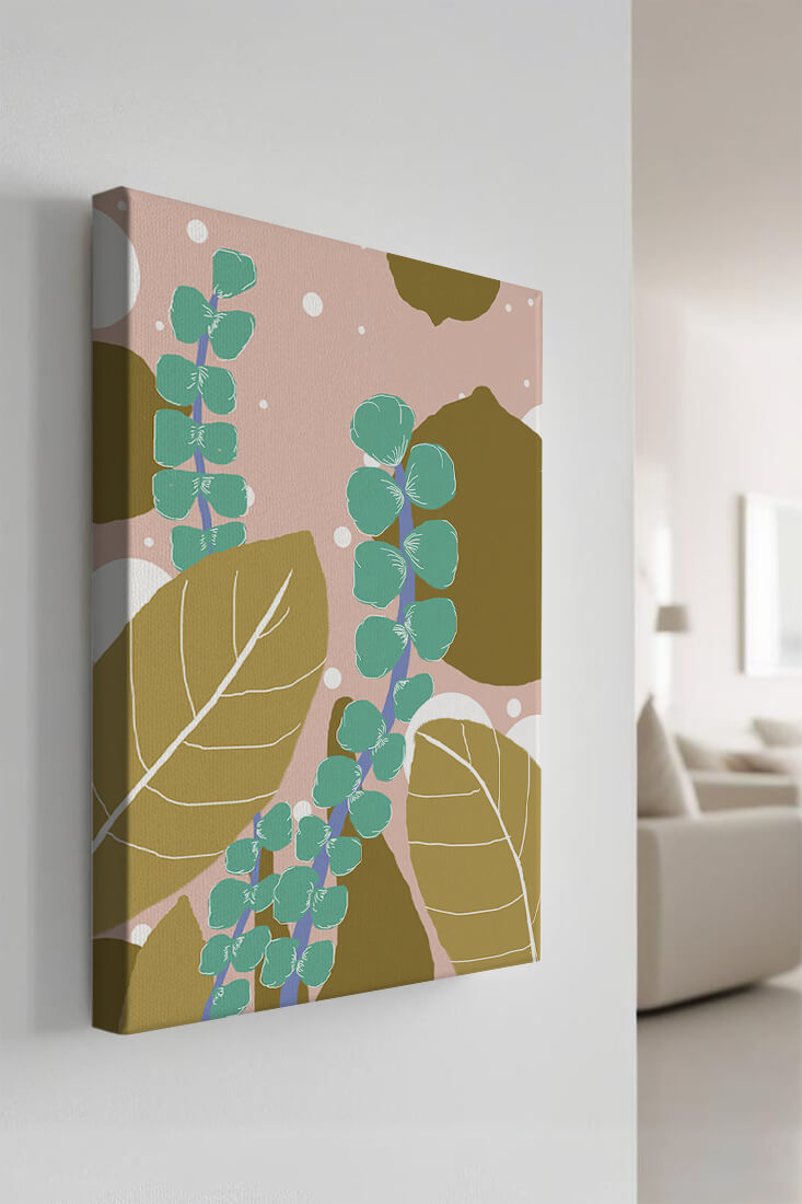 Abstract botanical design with green and golden leaves