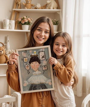 Retrato ilustrado caprichoso con elementos musicales y dorados