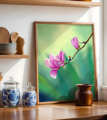 Serene illustration of magnolia flowers with a small figure in a hat