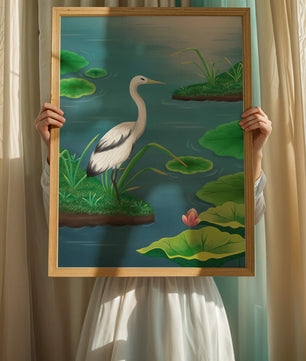 Serene wetland scene with white crane and water lilies