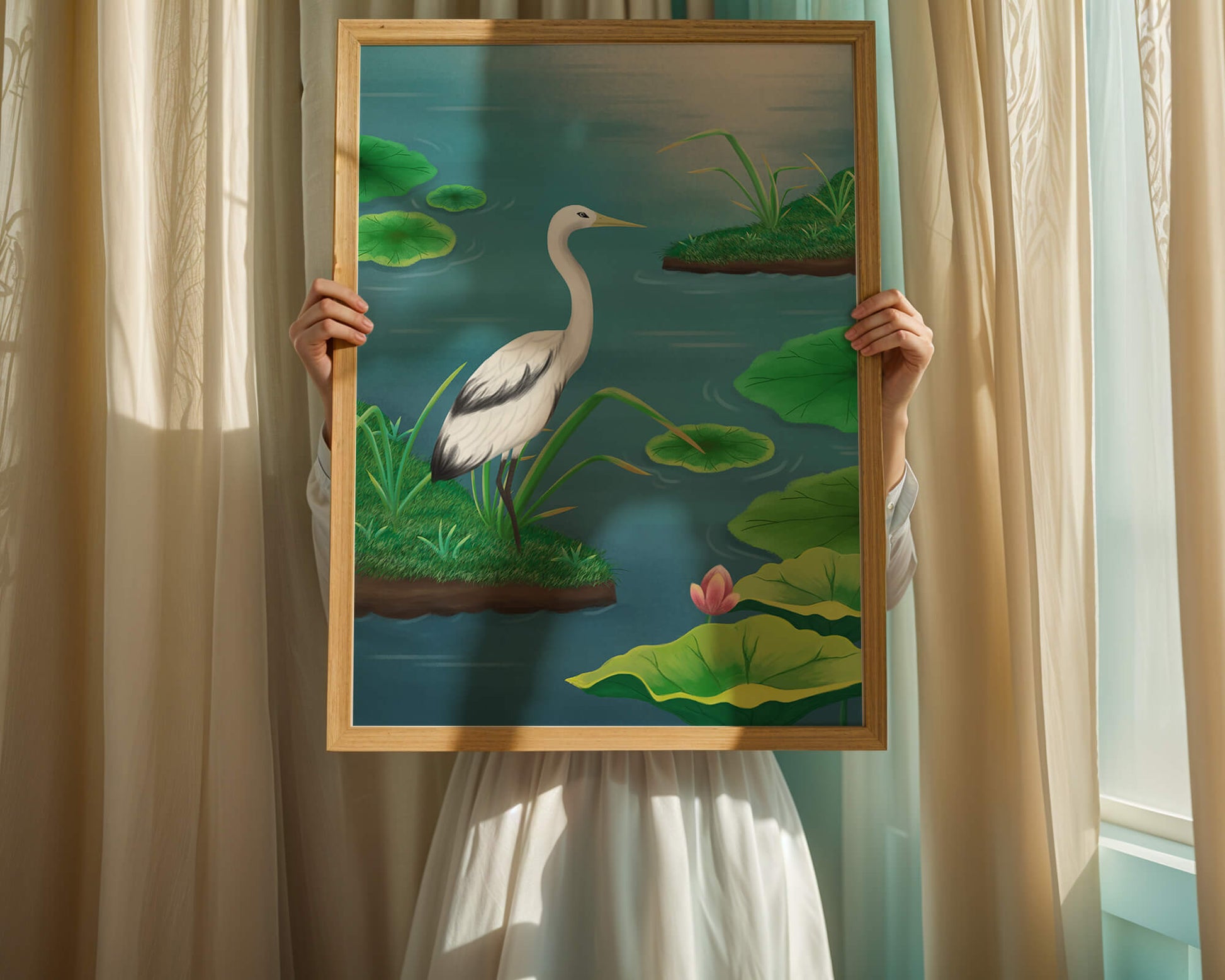 Serene wetland scene with white crane and water lilies