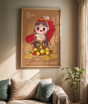 Illustration d’une figure culturelle ouïghoure portant un costume traditionnel et partageant un repas festif
