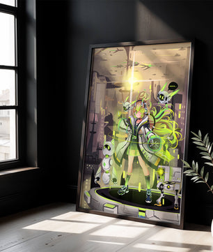 Chica de anime futurista con aura verde y compañeros robóticos en un paisaje urbano de ciencia ficción