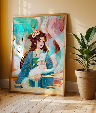 Œuvre de fantasy élégante mettant en scène une figure mystique accompagnée de renards et de couleurs vibrantes