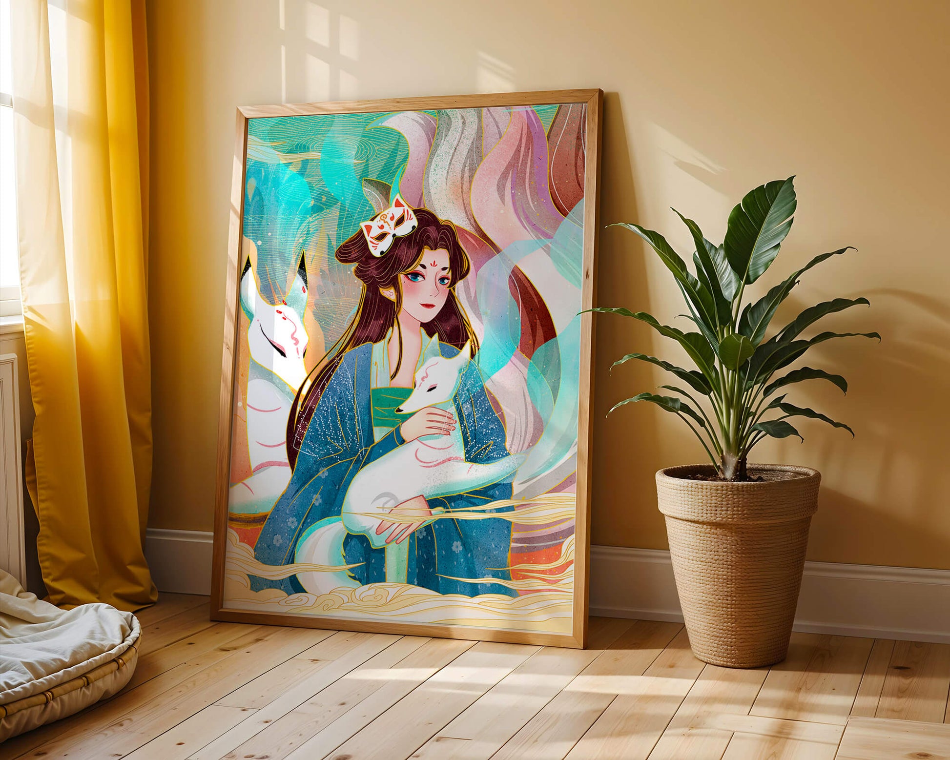 Elegant fantasy artwork featuring a mystical figure with foxes and vibrant colors
