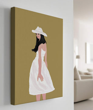 Woman in a white dress and hat on a gold background