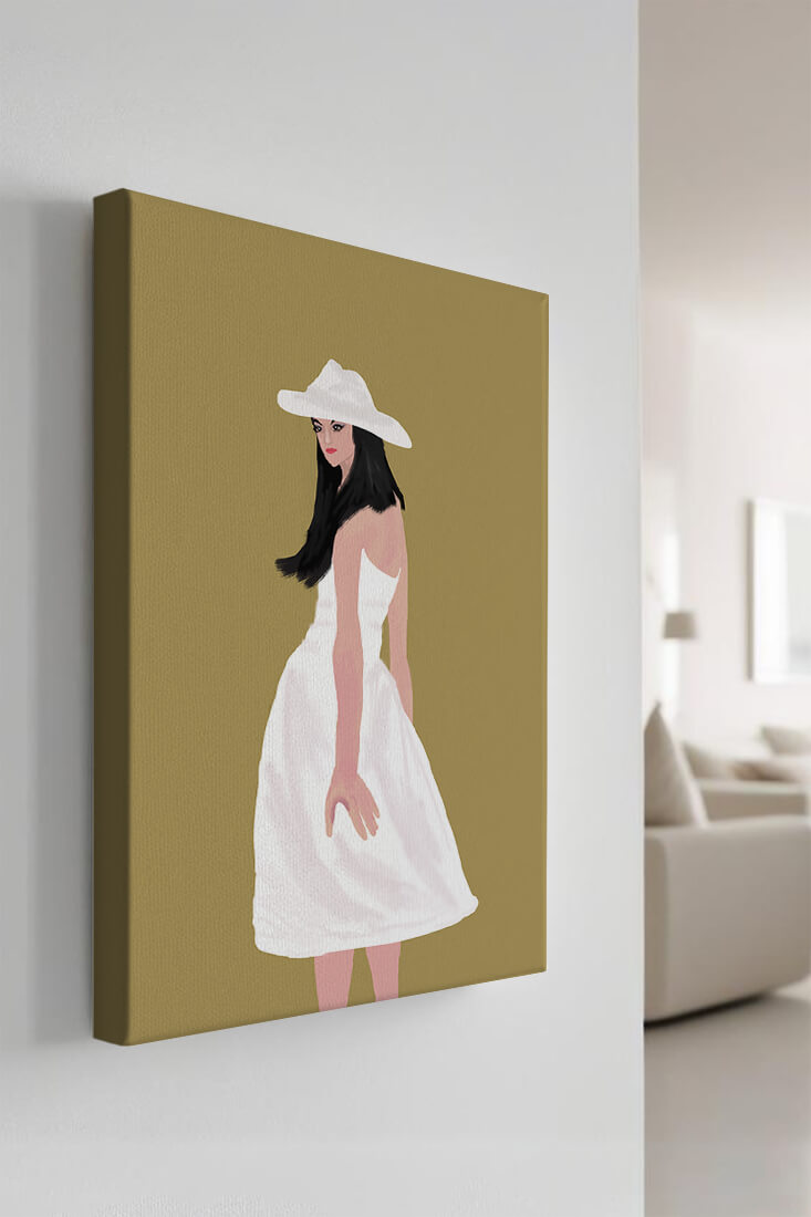 Woman in a white dress and hat on a gold background
