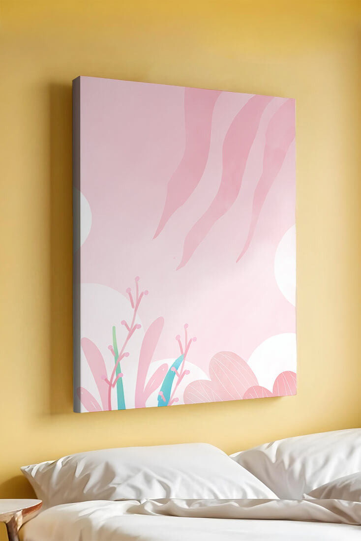 Soft Pink Abstract Floral Design with Stylized Leaves and Waves