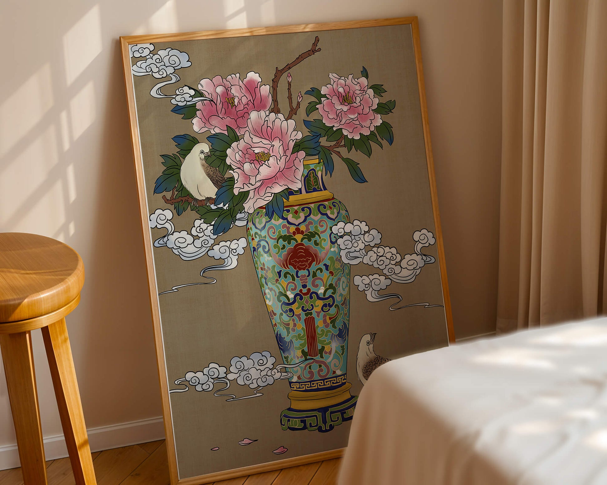 Elegant Asian Style Vase with Peonies and Birds