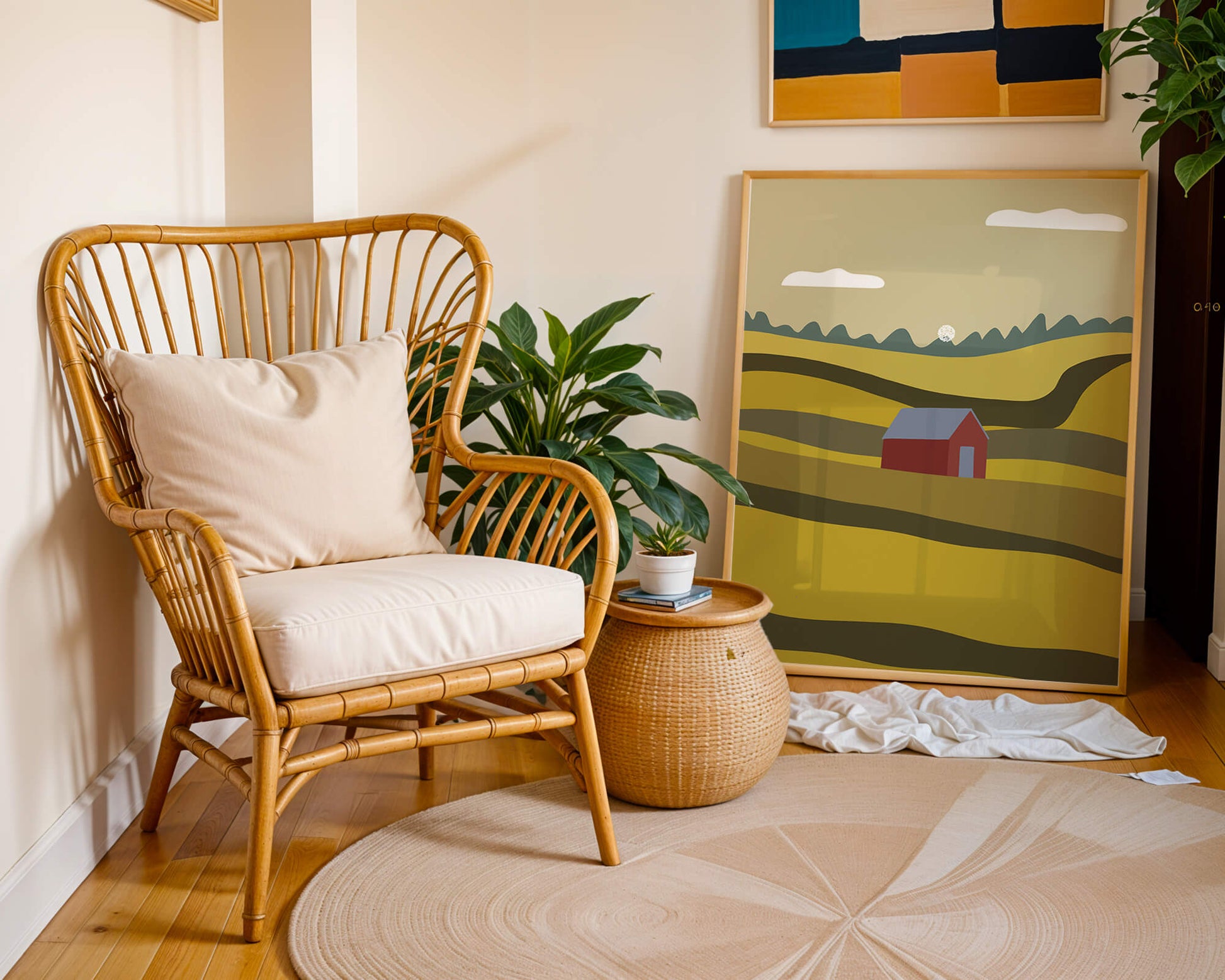 Paisaje con granero rojo entre colinas onduladas bajo un cielo azul