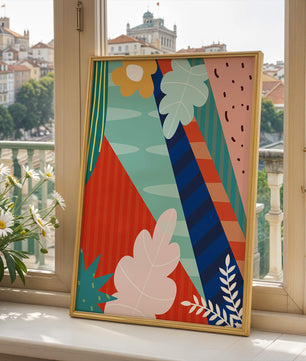 Abstract floral geometric design with vibrant colors and bold patterns