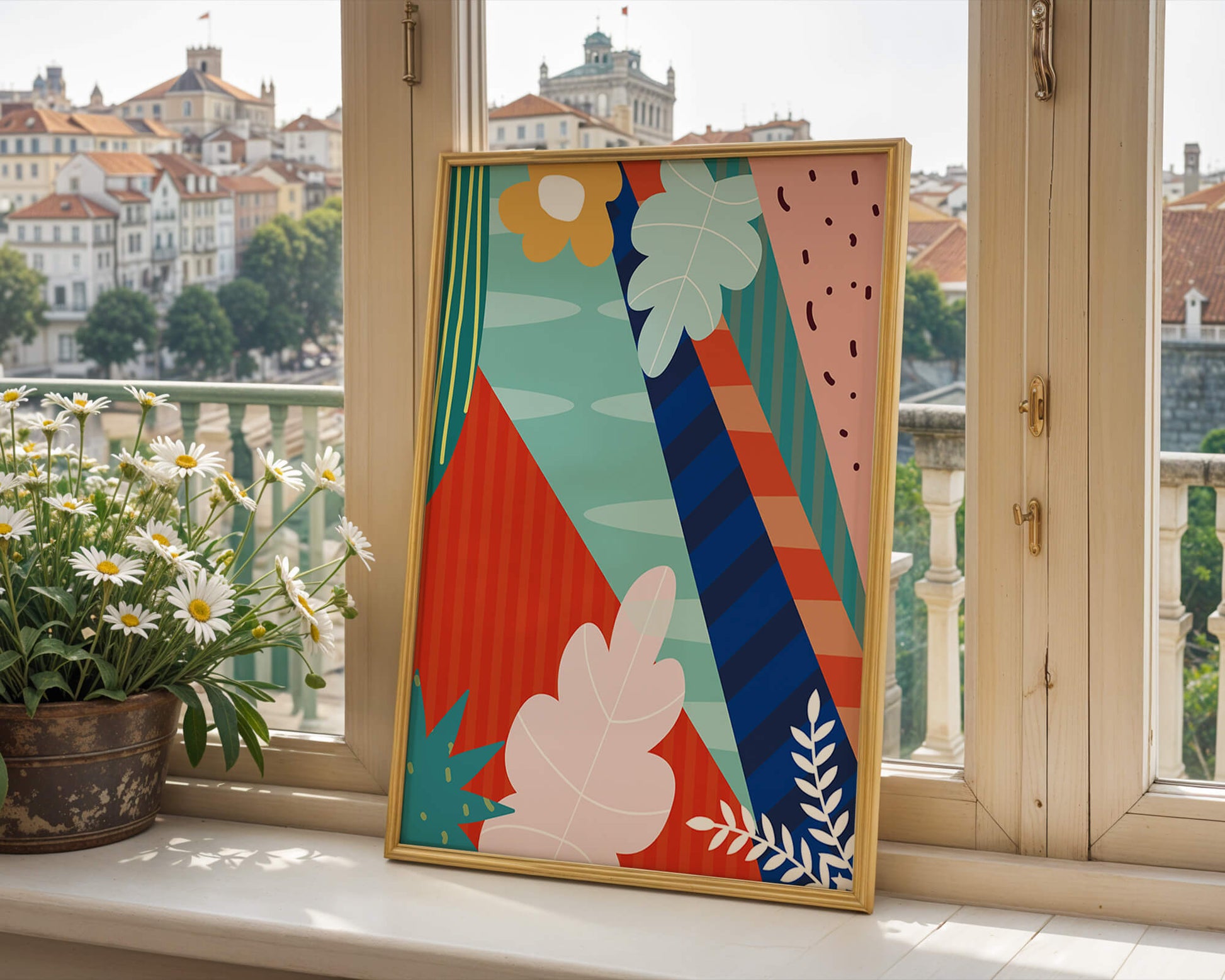 Abstract floral geometric design with vibrant colors and bold patterns