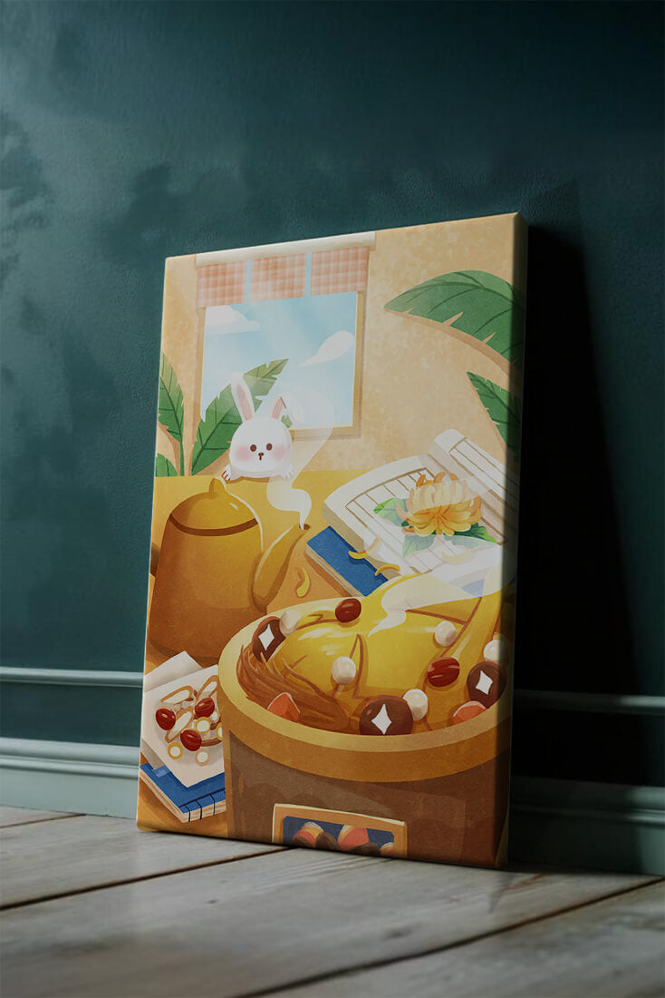 Cozy kitchen scene with cute bunny, teapot, and golden dessert