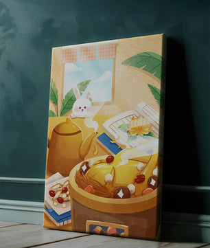 Cozy kitchen scene with cute bunny, teapot, and golden dessert