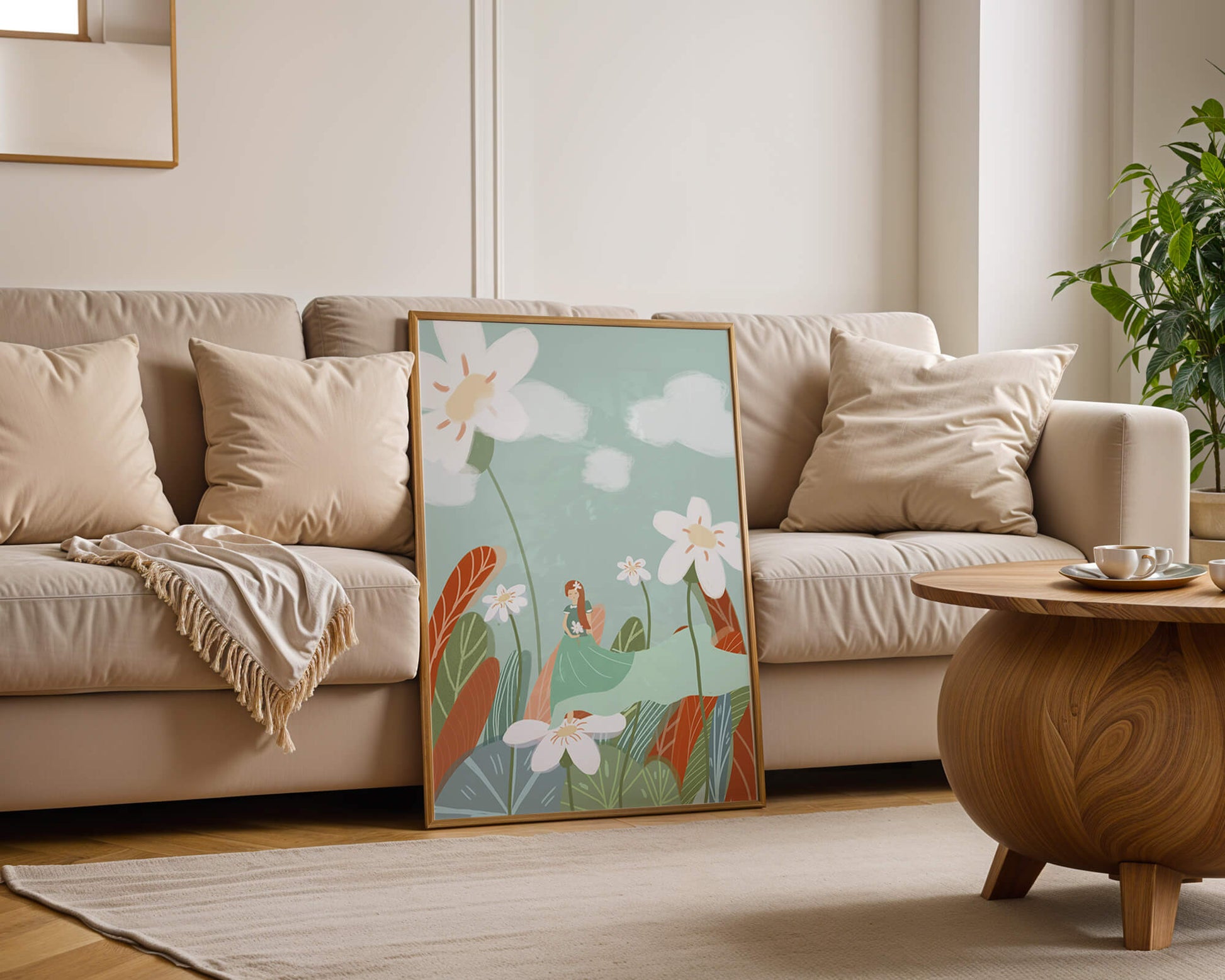 Whimsical garden scene with woman in a floral wonderland