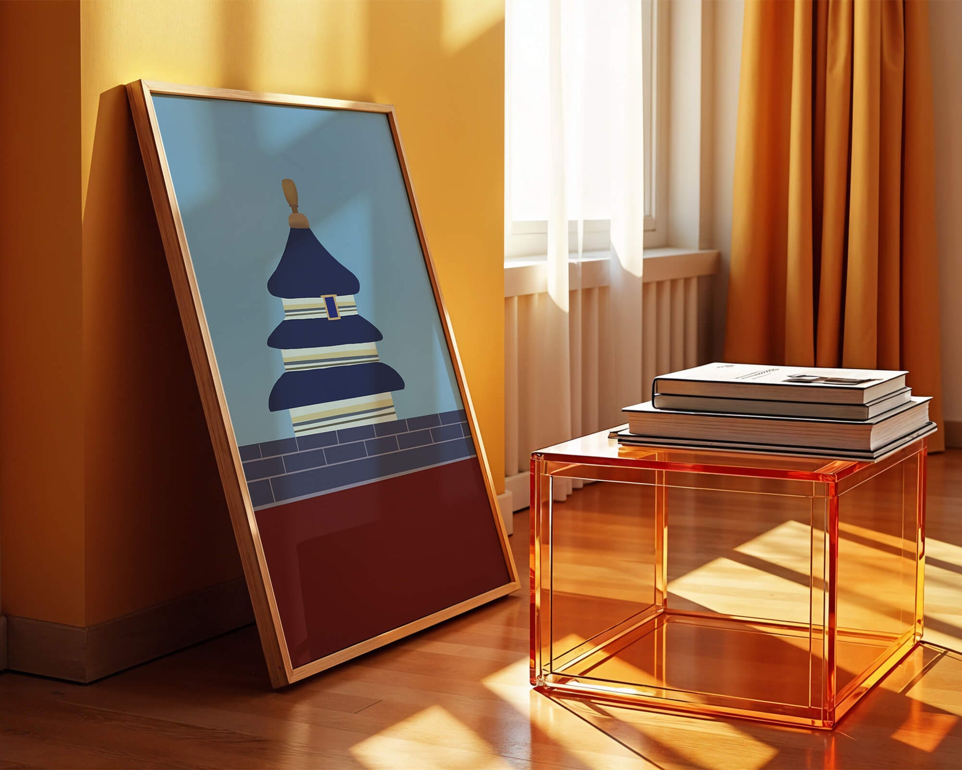 Ilustración abstracta del Templo del Cielo con detalles azules y dorados