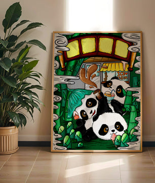 Ilustración de pandas encantadores disfrutando de helado bajo un puente de bambú