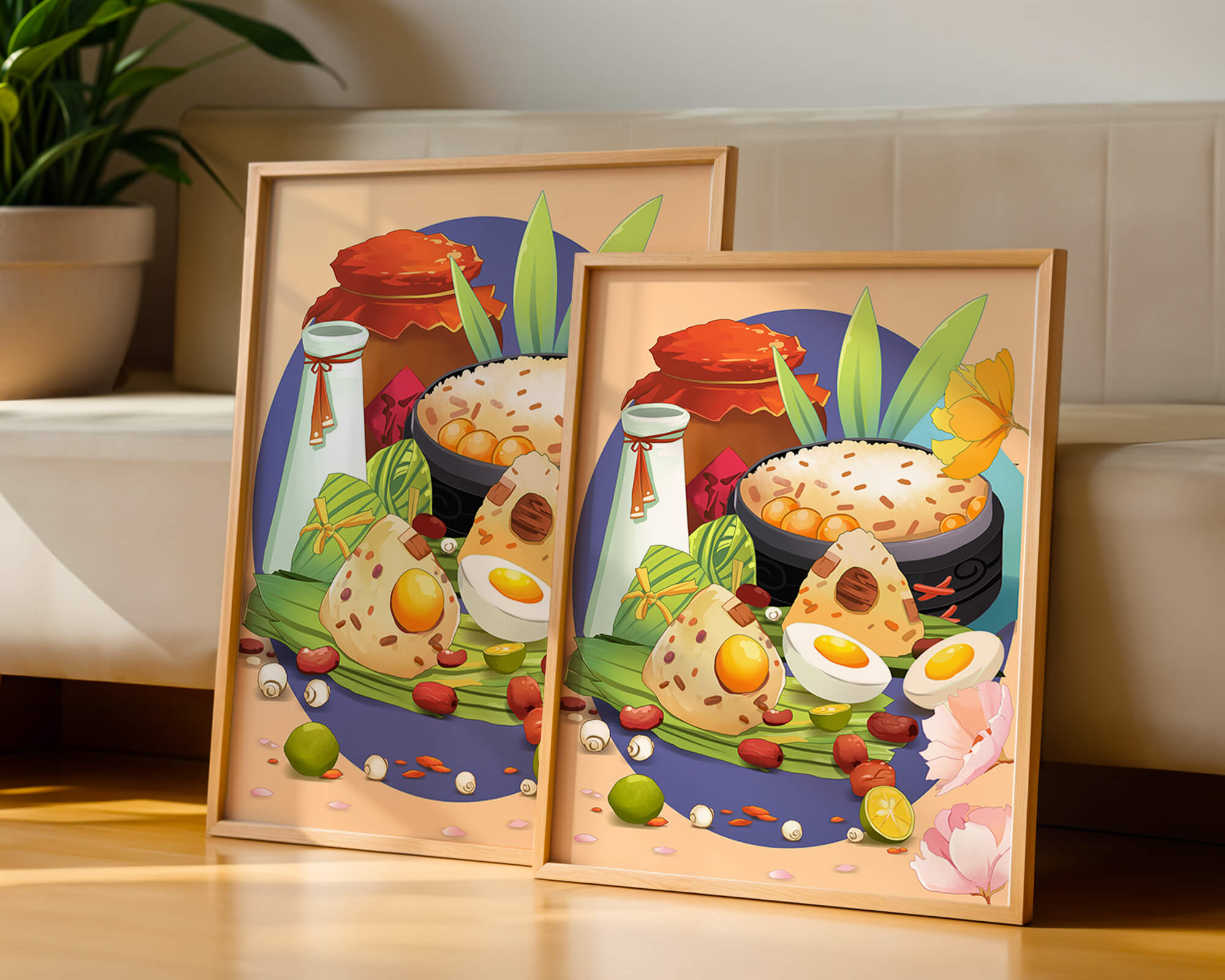 Traditional Asian culinary still life with rice and eggs
