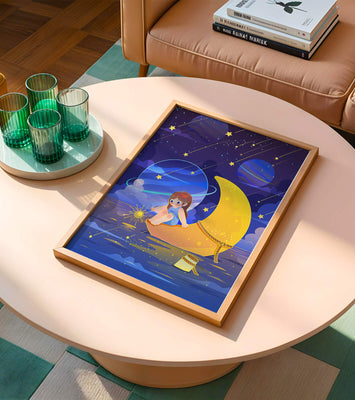 Whimsical child sitting on a crescent moon amidst a starlit cosmic scene